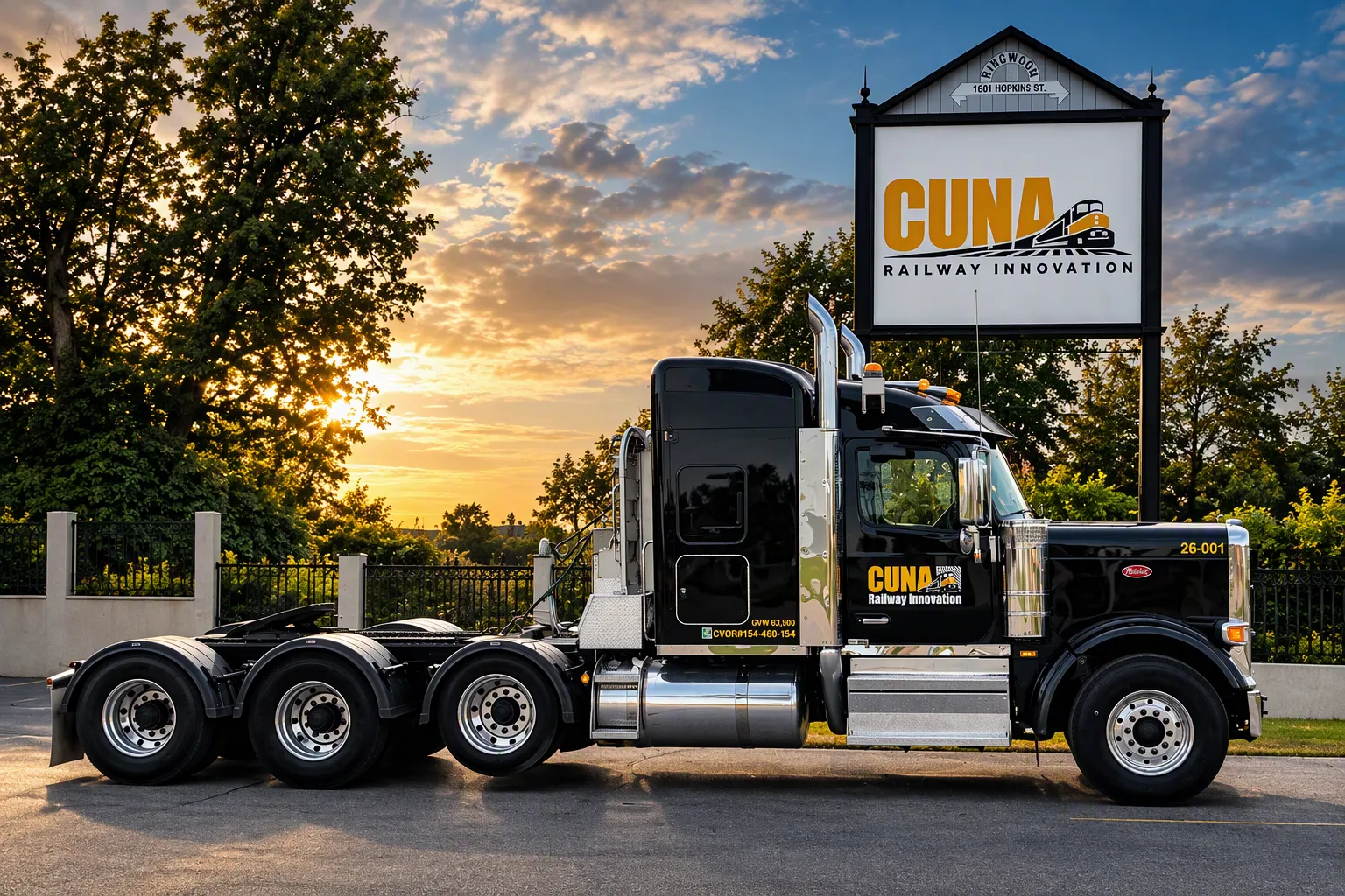 CUNA tractor unit parked in the yard in front of the company sign.